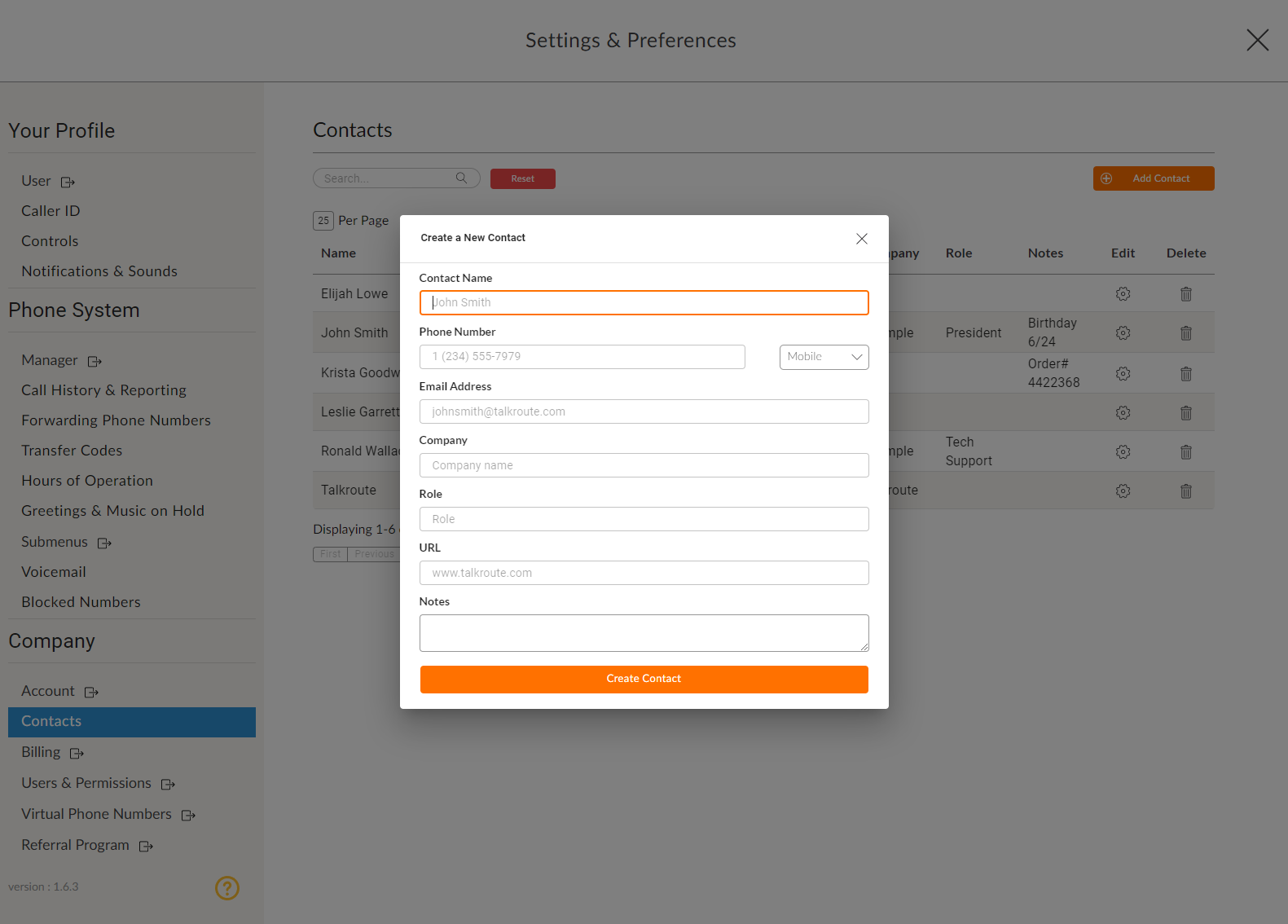 Talkroute Web App Add Contact Info