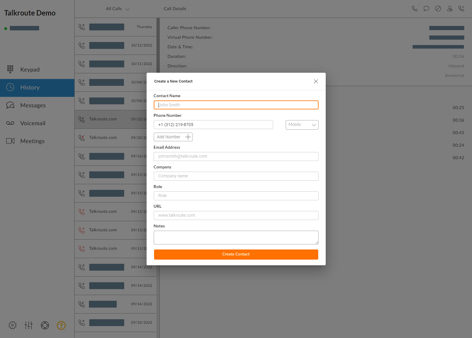 Talkroute Web App Add Contact From Call Details