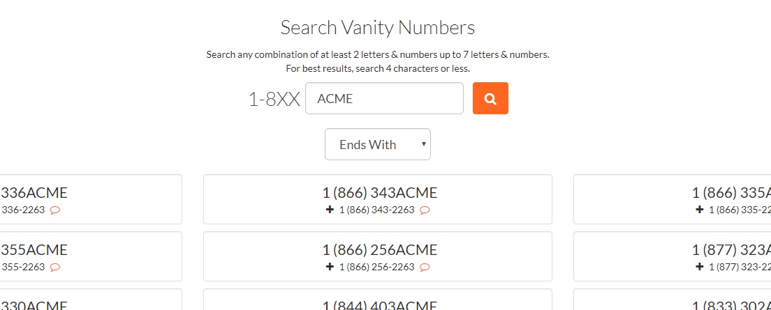 Vanity Toll-Free Phone Number Results