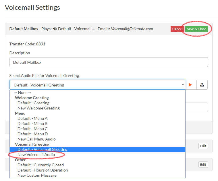 Voicemail greeting dropdown selection