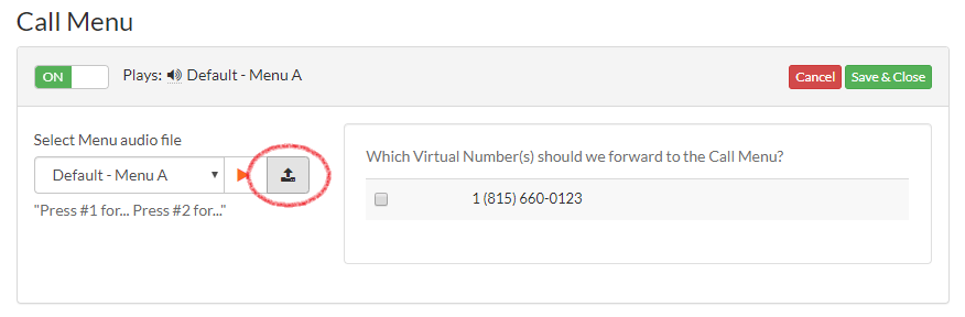 Upload icon next to Call Menu audio dropdown