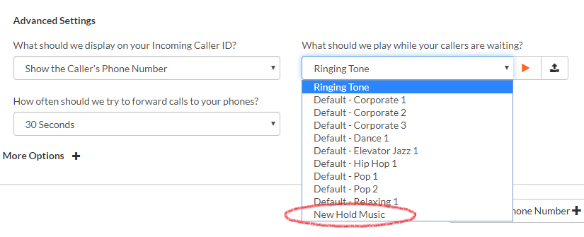 Hold music dropdown selection