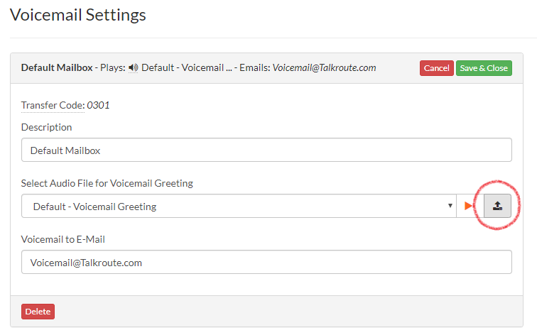 Upload icon next to voicemail greeting dropdown