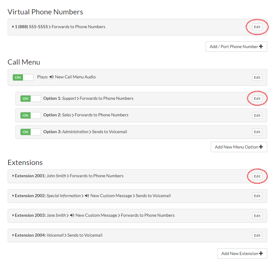 Edit Virtual Phone Number, Menu Option, or Extension