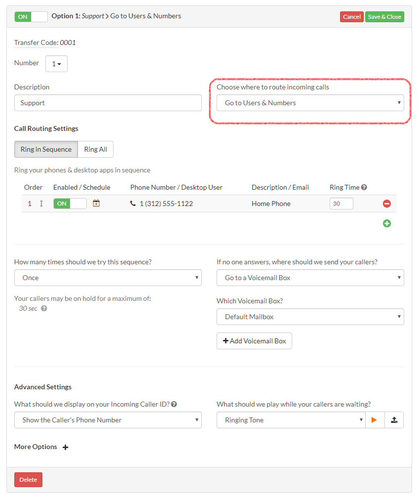 Route Incoming Calls Setting