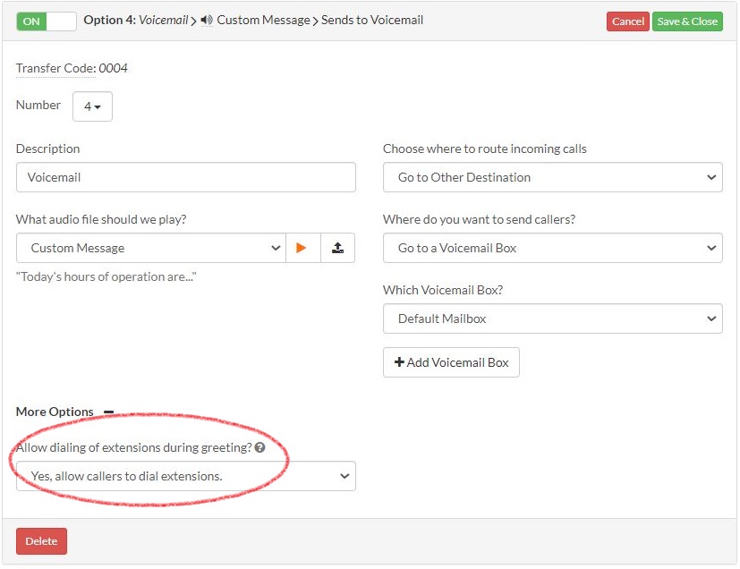 Allow dialing of extensions option