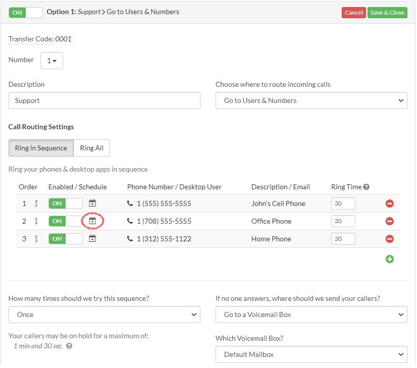 Calendar Add Icon Next to Forwarding Number