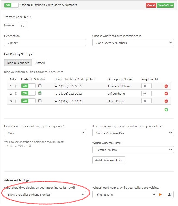 Incoming Caller ID dropdown selection
