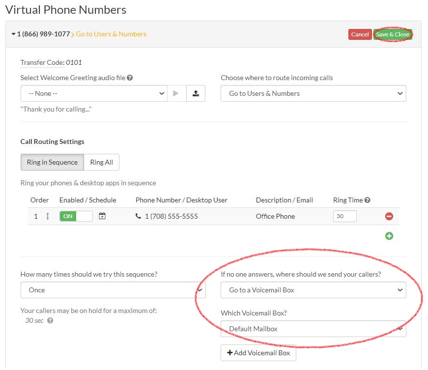 Voicemail box selection dropdowns