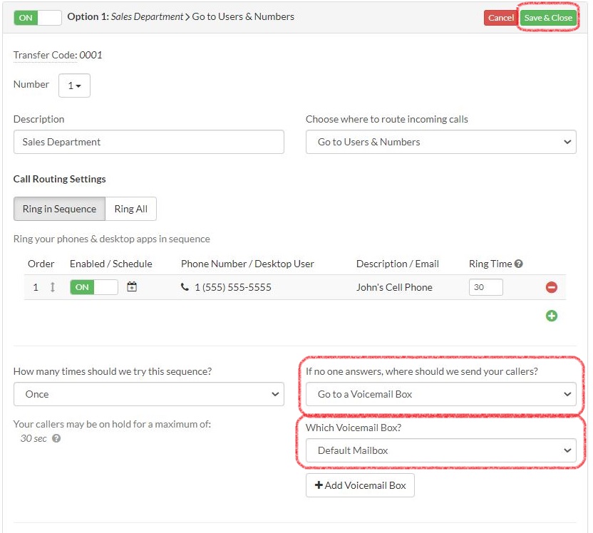 Voicemail box selection dropdowns