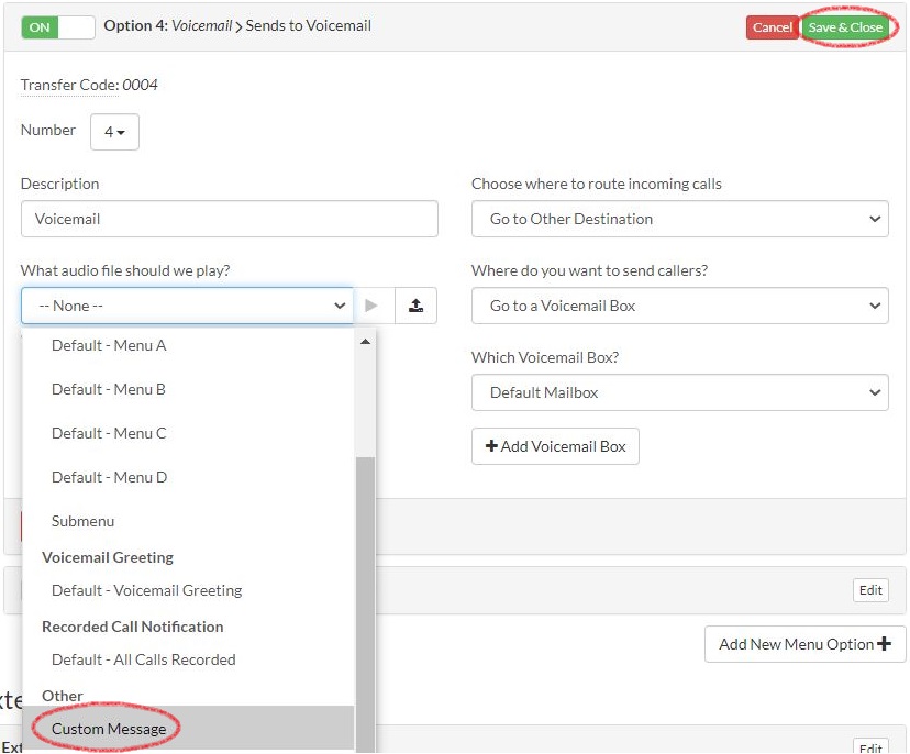 Menu option audio dropdown selection
