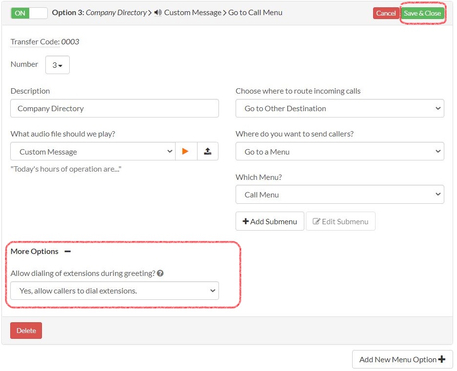 Allow Callers to Dial Extensions Setting