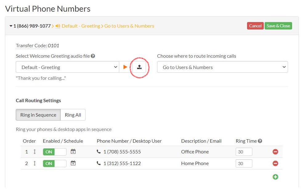 Upload icon next to Welcome Greeting dropdown