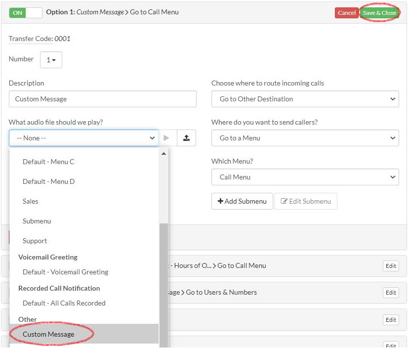 Select Custom Audio Message