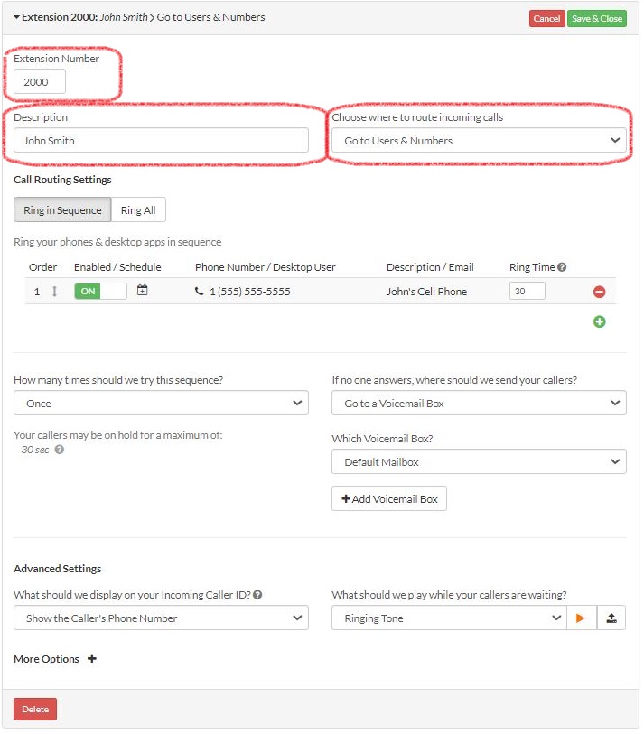 Extension Go to Users and Numbers