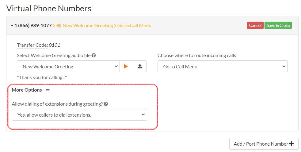 Allow dialing of extensions during greeting option
