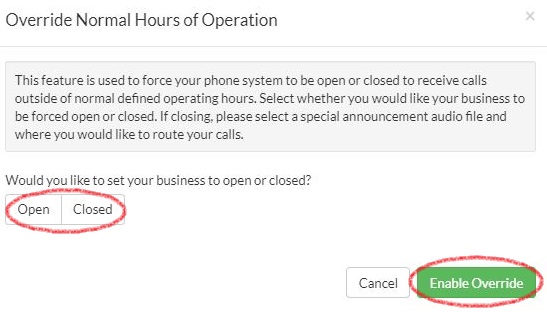 Override Normal Hours Options