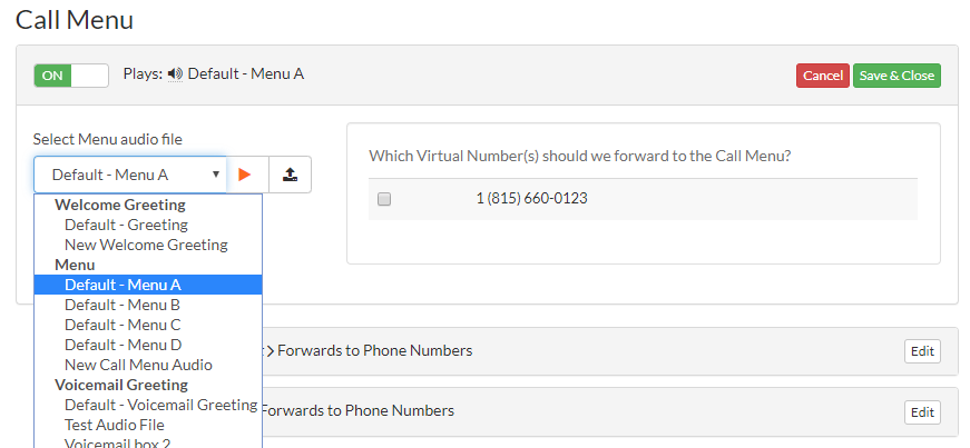 Call Menu audio dropdown selection