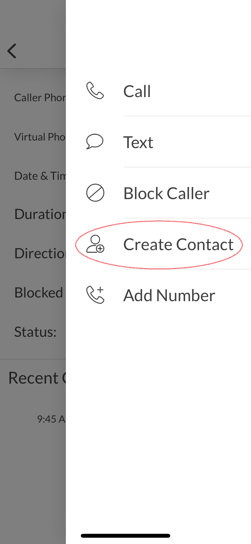 Talkroute Mobile App Call Details Menu