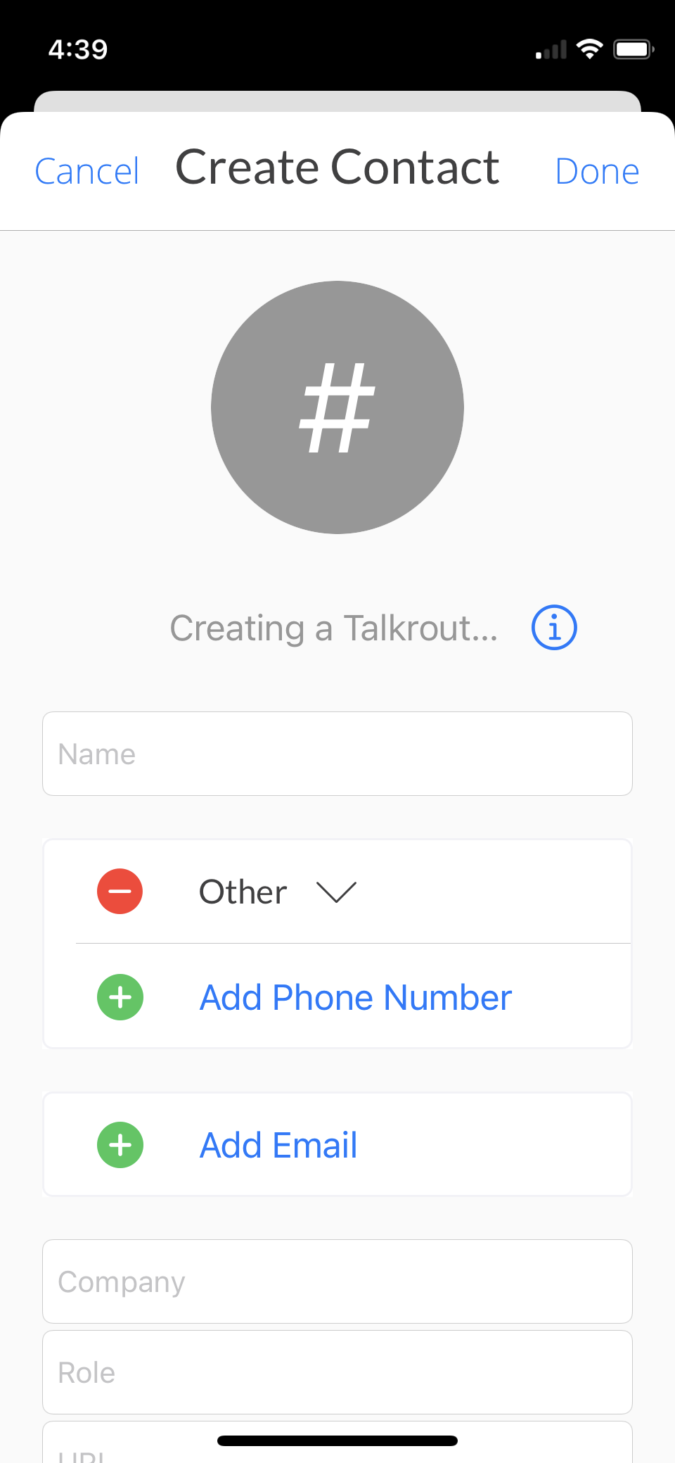 Talkroute Mobile App Create Contact from Call Details